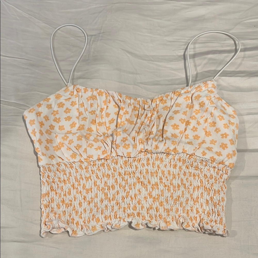 Floral Smocked Crop Top - Cream and Orange